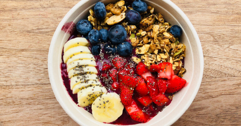 Acai bowl with fruits and seeds